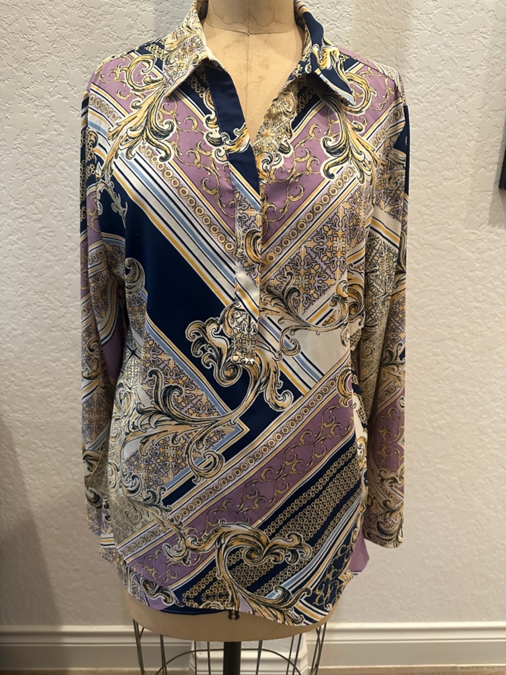 Chico's Navy, Lavender & Gold Baroque Print Button-Up Blouse/ Altered